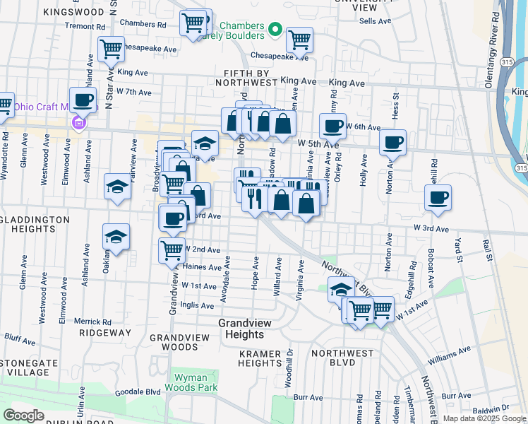 map of restaurants, bars, coffee shops, grocery stores, and more near 1300 Northwest Boulevard in Columbus