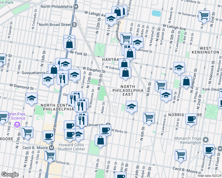 map of restaurants, bars, coffee shops, grocery stores, and more near 940 West Susquehanna Avenue in Philadelphia