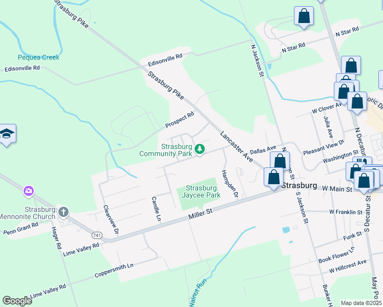 map of restaurants, bars, coffee shops, grocery stores, and more near 210 Cross Keys Drive in Strasburg