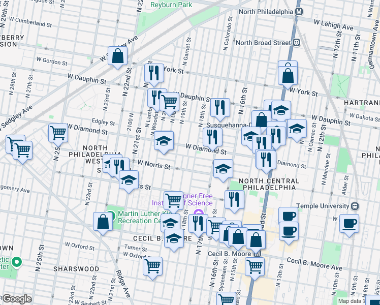 map of restaurants, bars, coffee shops, grocery stores, and more near 2045 North Gratz Street in Philadelphia
