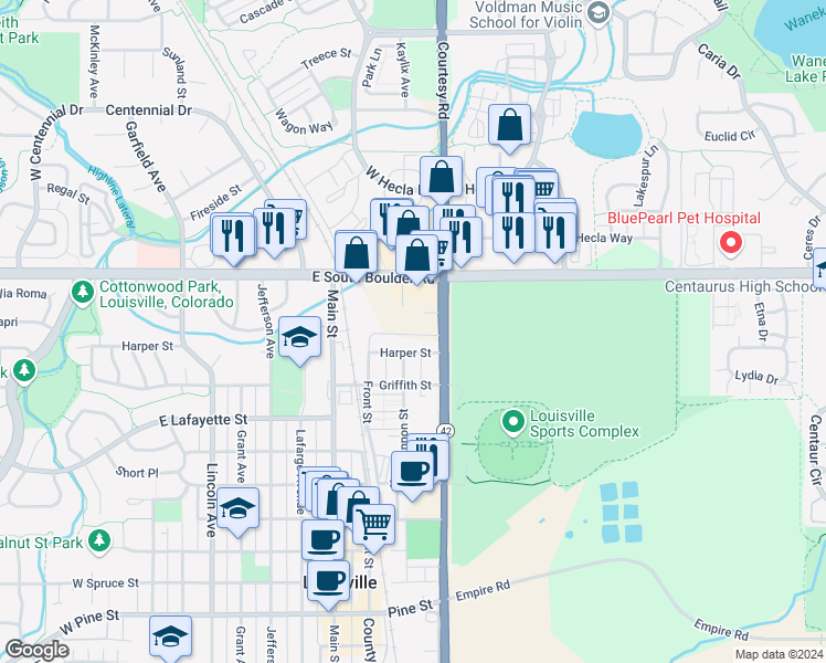 map of restaurants, bars, coffee shops, grocery stores, and more near 1055 Harper Street in Louisville