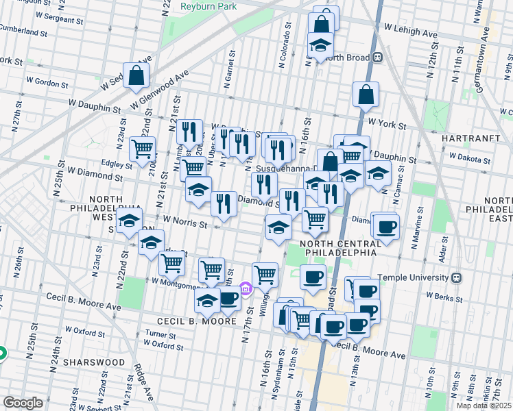 map of restaurants, bars, coffee shops, grocery stores, and more near 1718 West Diamond street in Philadelphia