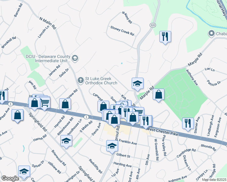 map of restaurants, bars, coffee shops, grocery stores, and more near 2634 Kirk Avenue in Broomall