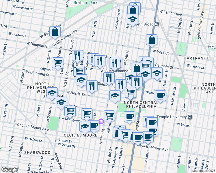 map of restaurants, bars, coffee shops, grocery stores, and more near 1708 Diamond Street in Philadelphia