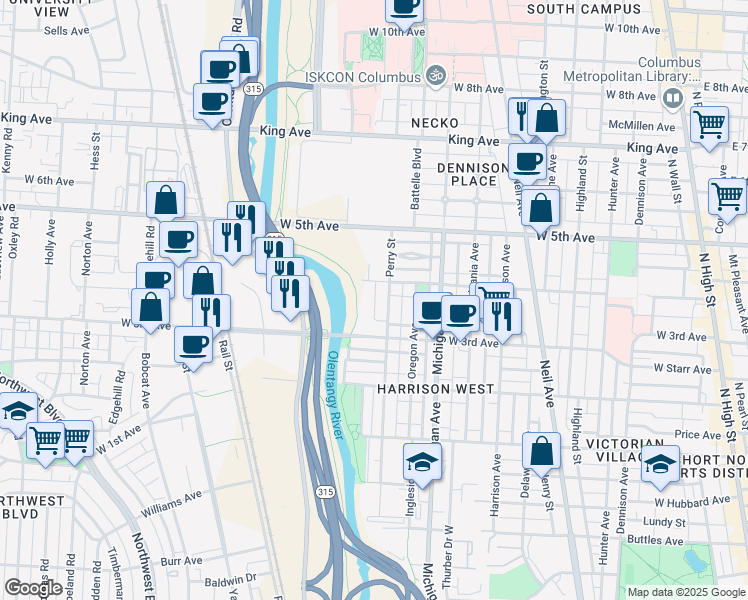 map of restaurants, bars, coffee shops, grocery stores, and more near 1199 Perry Street in Columbus