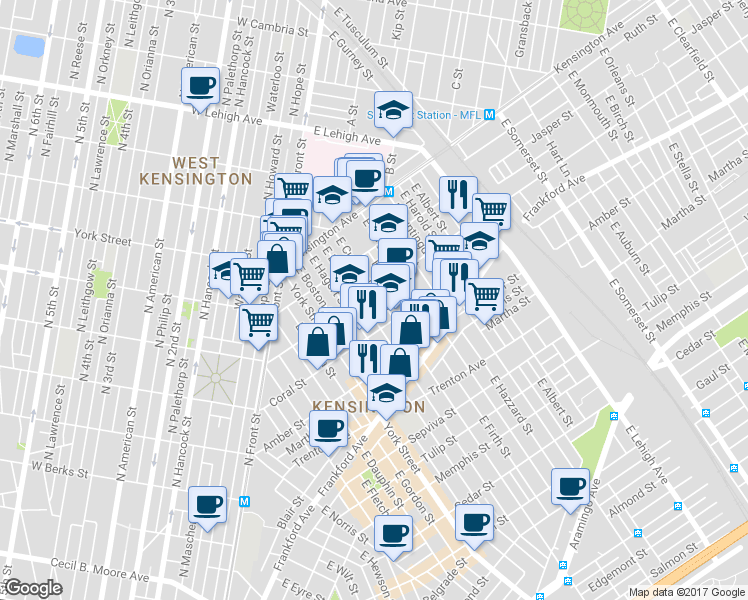 map of restaurants, bars, coffee shops, grocery stores, and more near 2010 East Cumberland Street in Philadelphia