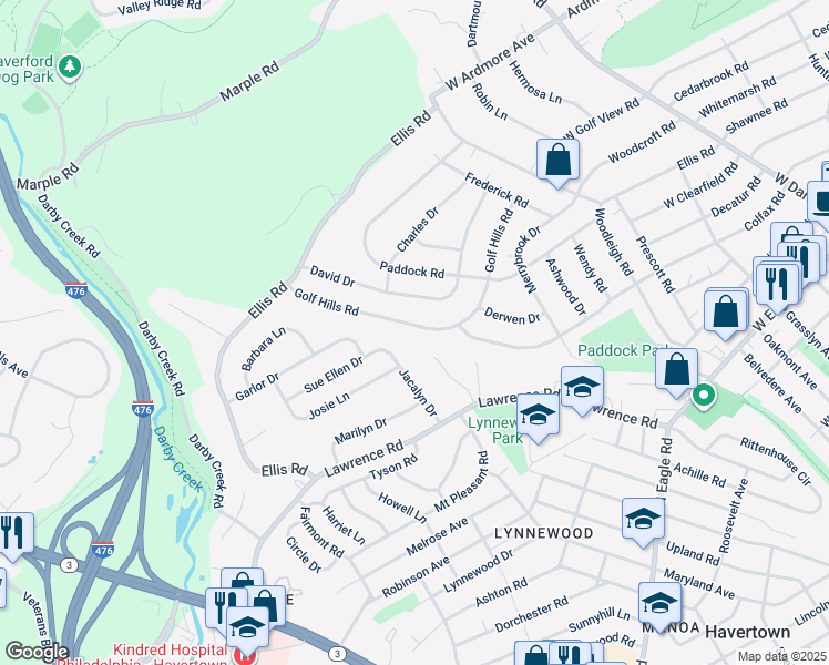 map of restaurants, bars, coffee shops, grocery stores, and more near 269 Golf Hills Road in Havertown