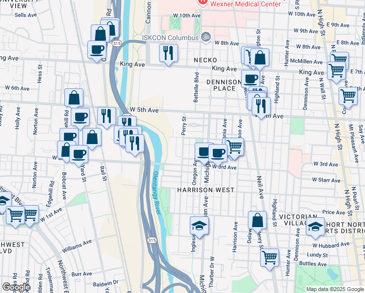 map of restaurants, bars, coffee shops, grocery stores, and more near 1199 Perry Street in Columbus