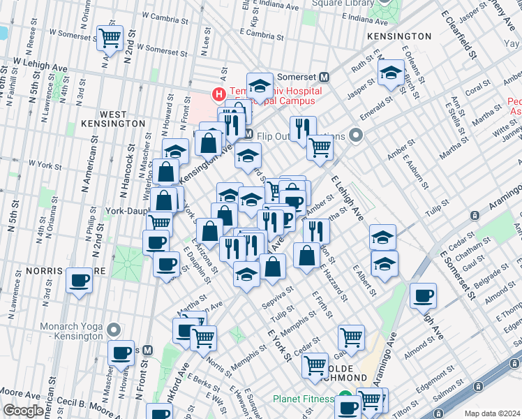 map of restaurants, bars, coffee shops, grocery stores, and more near 2031 East Firth Street in Philadelphia