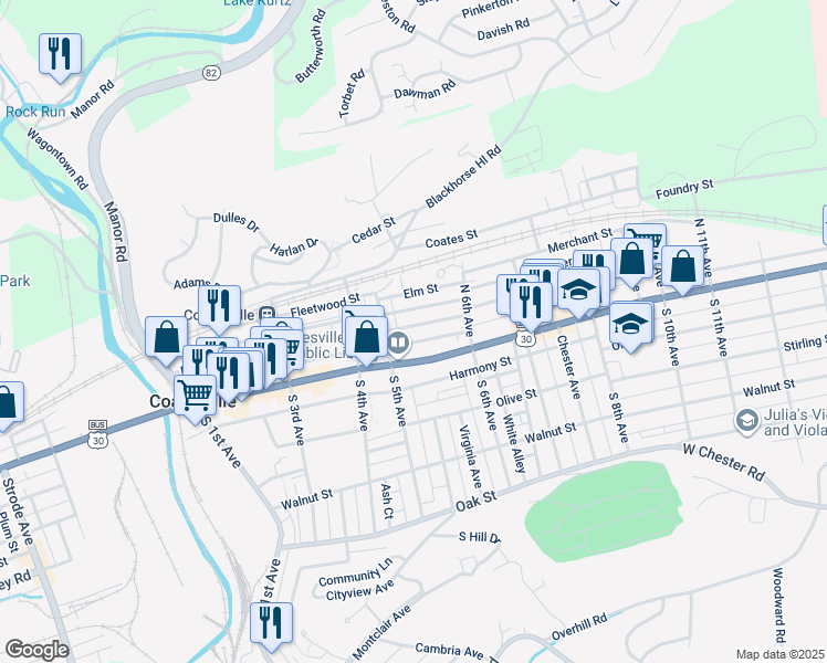 map of restaurants, bars, coffee shops, grocery stores, and more near 536 East Chestnut Street in Coatesville