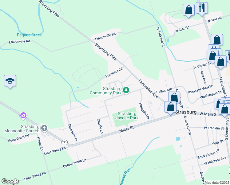 map of restaurants, bars, coffee shops, grocery stores, and more near 212 Black Horse Drive in Strasburg