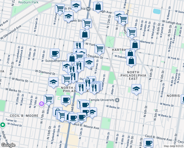 map of restaurants, bars, coffee shops, grocery stores, and more near 2119 North 13th Street in Philadelphia