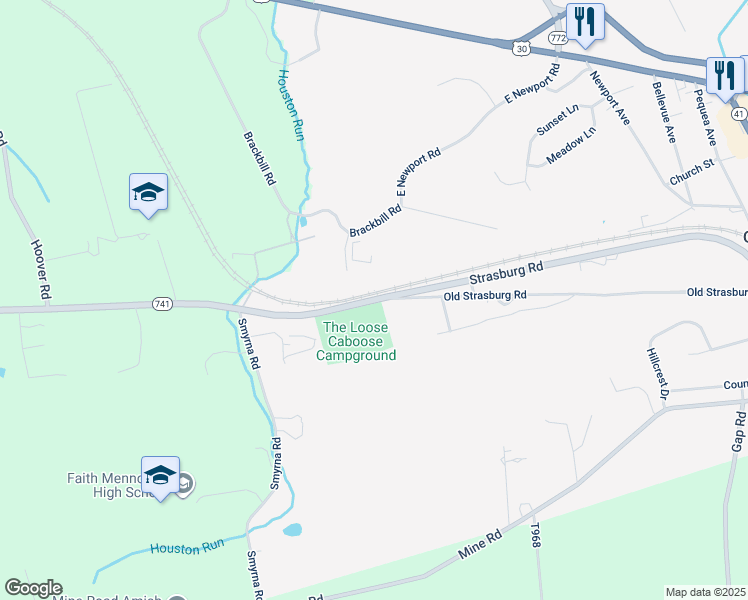 map of restaurants, bars, coffee shops, grocery stores, and more near 5351 Strasburg Road in Kinzers