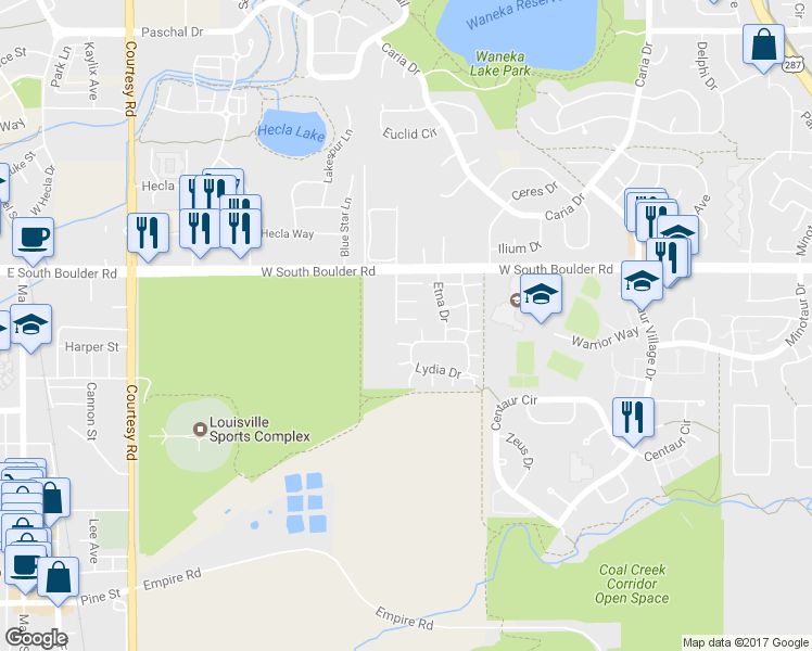 map of restaurants, bars, coffee shops, grocery stores, and more near 1390 Cimarron Drive in Lafayette