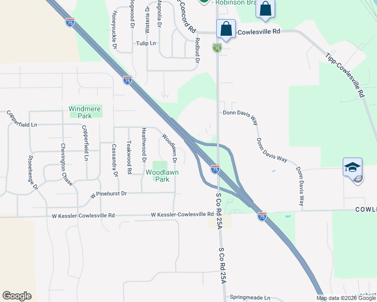 map of restaurants, bars, coffee shops, grocery stores, and more near 225-227 Elas Court in Tipp City