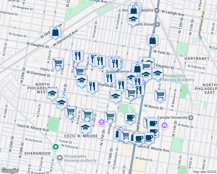 map of restaurants, bars, coffee shops, grocery stores, and more near 1730 West Diamond Street in Philadelphia