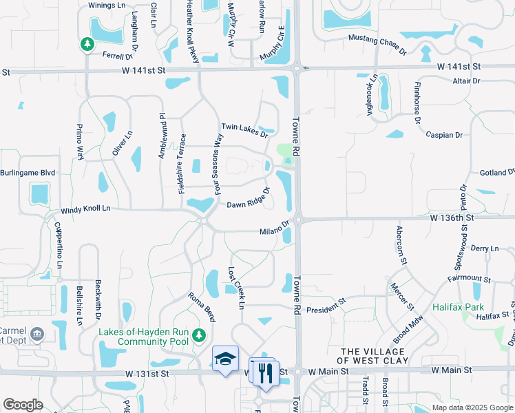 map of restaurants, bars, coffee shops, grocery stores, and more near 2535 Dawn Ridge Drive in Westfield