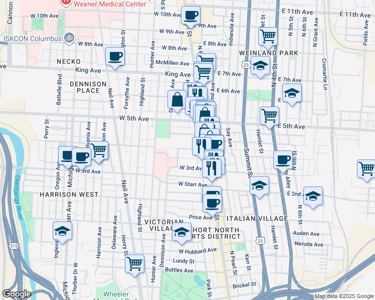 map of restaurants, bars, coffee shops, grocery stores, and more near 57 West 4th Avenue in Columbus