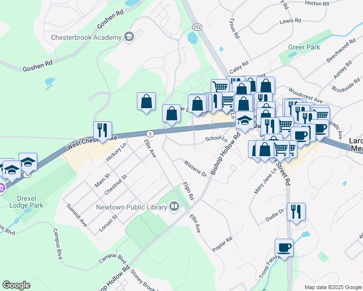 map of restaurants, bars, coffee shops, grocery stores, and more near 3768 School Ln in Newtown Square