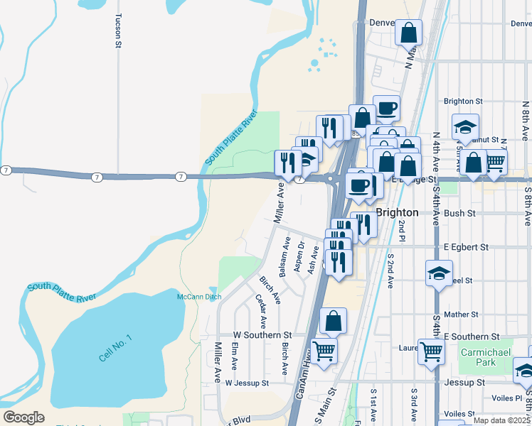 map of restaurants, bars, coffee shops, grocery stores, and more near 475 Egbert Circle in Brighton