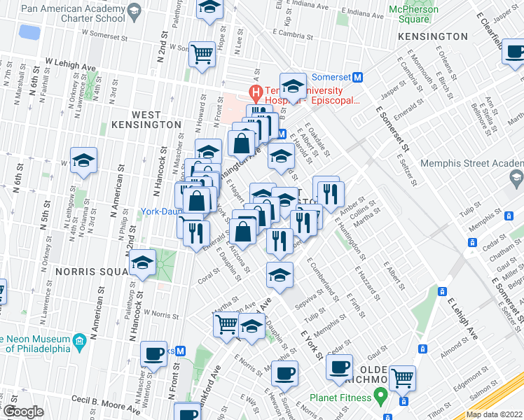 map of restaurants, bars, coffee shops, grocery stores, and more near Emerald St & E Letterly St in Philadelphia