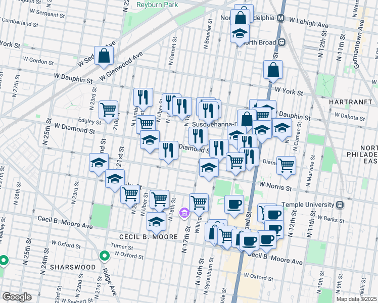 map of restaurants, bars, coffee shops, grocery stores, and more near 1717 Fr. P. Washington Avenue in Philadelphia