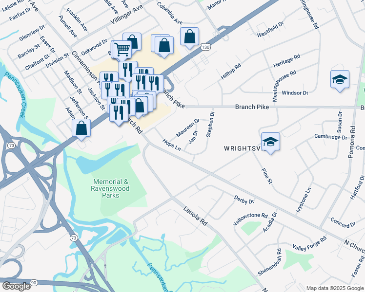 map of restaurants, bars, coffee shops, grocery stores, and more near 2208 Hope Lane in Cinnaminson