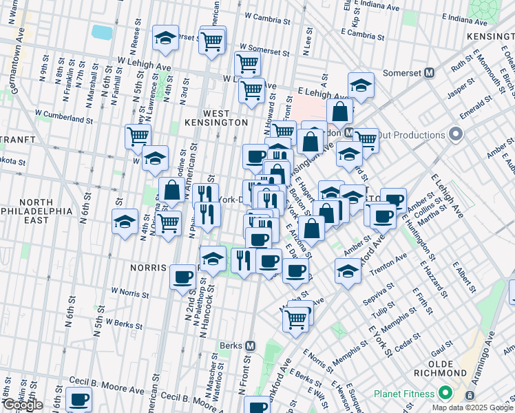 map of restaurants, bars, coffee shops, grocery stores, and more near 2313 North Howard Street in Philadelphia