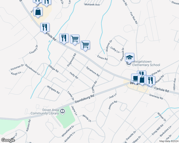 map of restaurants, bars, coffee shops, grocery stores, and more near 3460 Sycamore Road in Dover