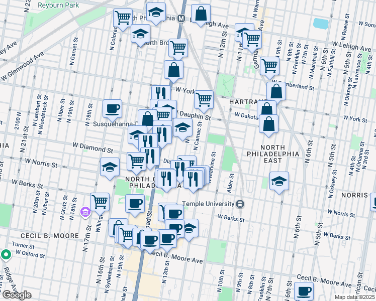 map of restaurants, bars, coffee shops, grocery stores, and more near 2119 North 13th Street in Philadelphia