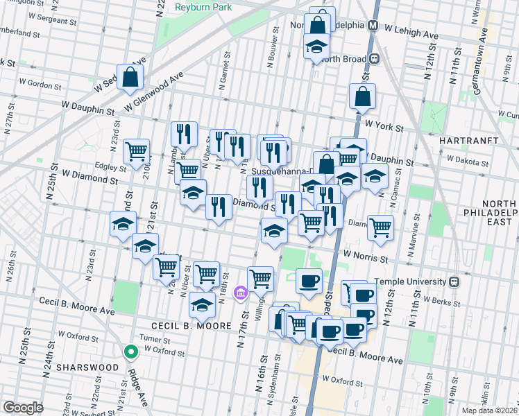 map of restaurants, bars, coffee shops, grocery stores, and more near 1717 Fr. P. Washington Avenue in Philadelphia