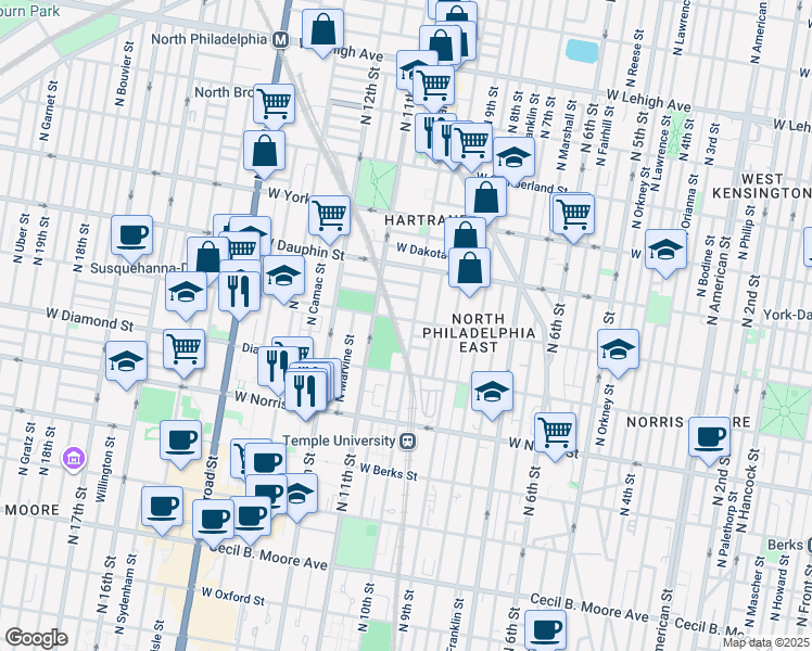 map of restaurants, bars, coffee shops, grocery stores, and more near 1040 West Susquehanna Avenue in Philadelphia