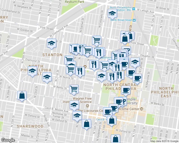 map of restaurants, bars, coffee shops, grocery stores, and more near 1730 West Diamond Street in Philadelphia