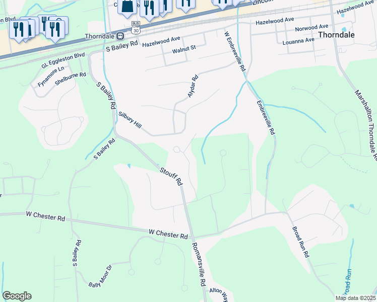 map of restaurants, bars, coffee shops, grocery stores, and more near 1535 High Country Road in Downingtown