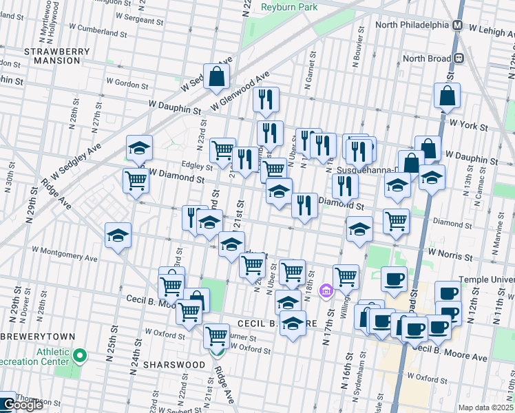 map of restaurants, bars, coffee shops, grocery stores, and more near 2042 North 20th Street in Philadelphia