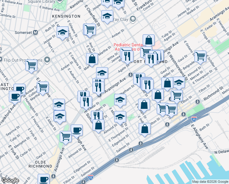 map of restaurants, bars, coffee shops, grocery stores, and more near Cedar St & E Ann St in Philadelphia