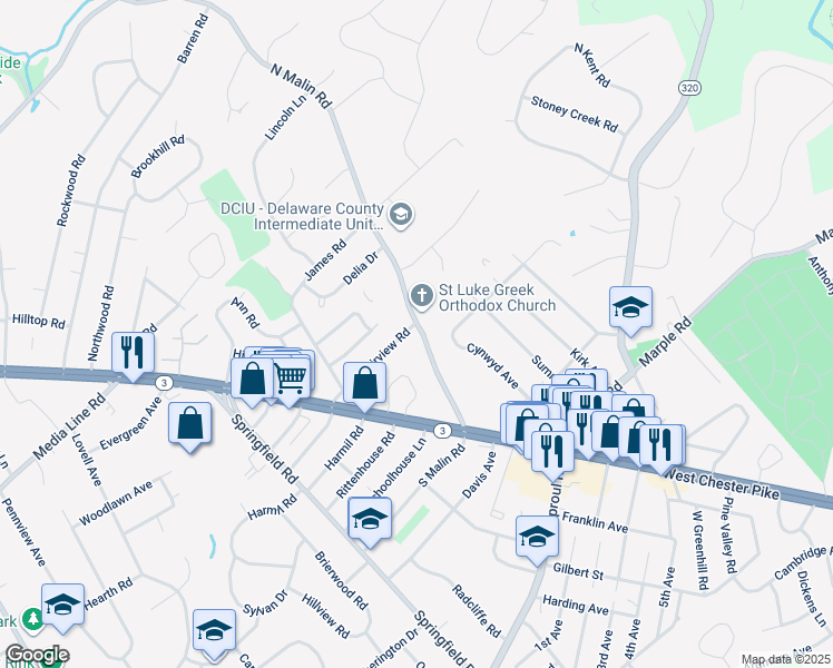 map of restaurants, bars, coffee shops, grocery stores, and more near 51 Fairview Road in Broomall