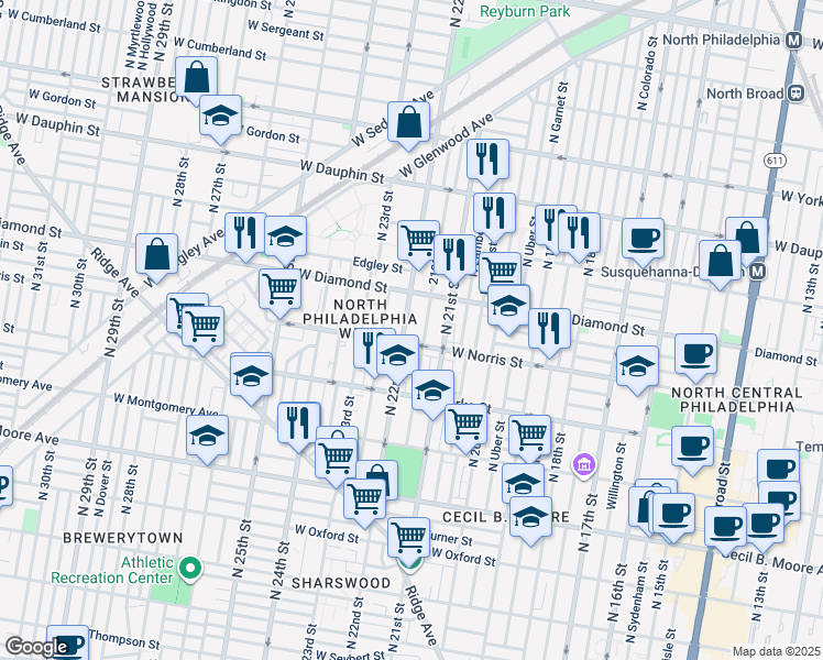 map of restaurants, bars, coffee shops, grocery stores, and more near 2015 North 22nd Street in Philadelphia