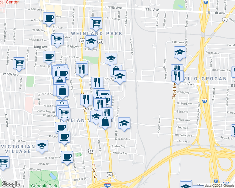 map of restaurants, bars, coffee shops, grocery stores, and more near 301 East 4th Avenue in Columbus