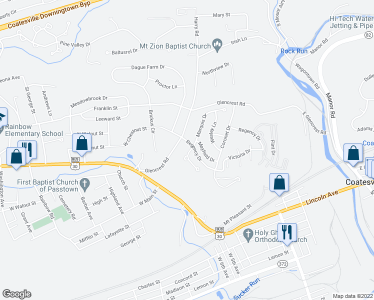 map of restaurants, bars, coffee shops, grocery stores, and more near 105 Millview Drive in Coatesville