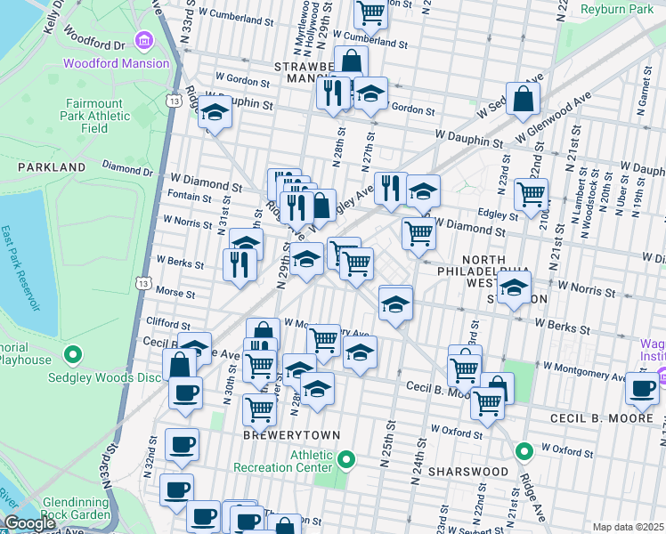 map of restaurants, bars, coffee shops, grocery stores, and more near Ridge Ave & W Glenwood Ave in Philadelphia