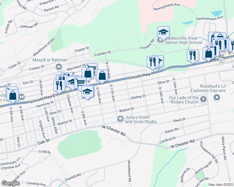 map of restaurants, bars, coffee shops, grocery stores, and more near 1108 Olive Street in Coatesville