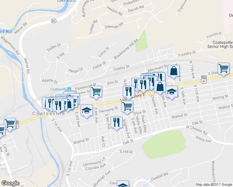 map of restaurants, bars, coffee shops, grocery stores, and more near 564 East Chestnut Street in Coatesville
