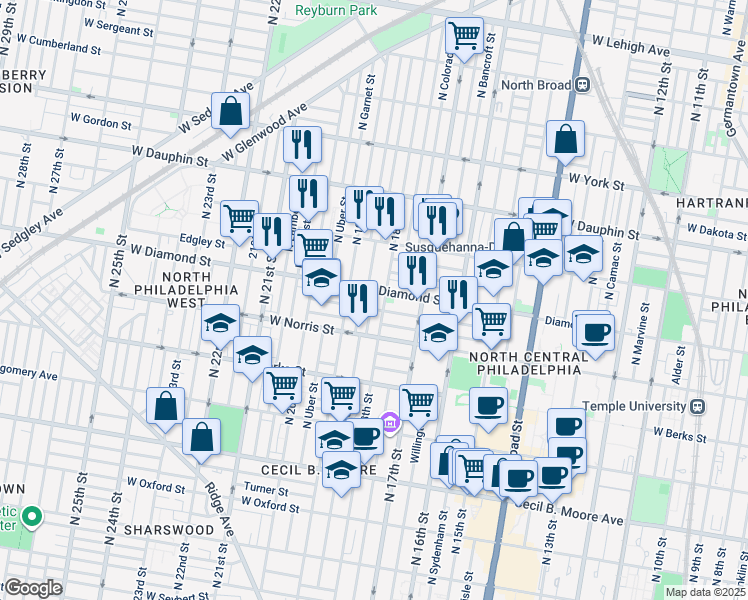 map of restaurants, bars, coffee shops, grocery stores, and more near 2047 North Gratz Street in Philadelphia