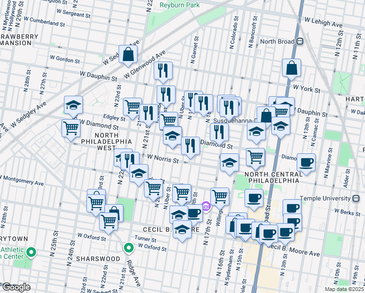 map of restaurants, bars, coffee shops, grocery stores, and more near 2032 North 19th Street in Philadelphia