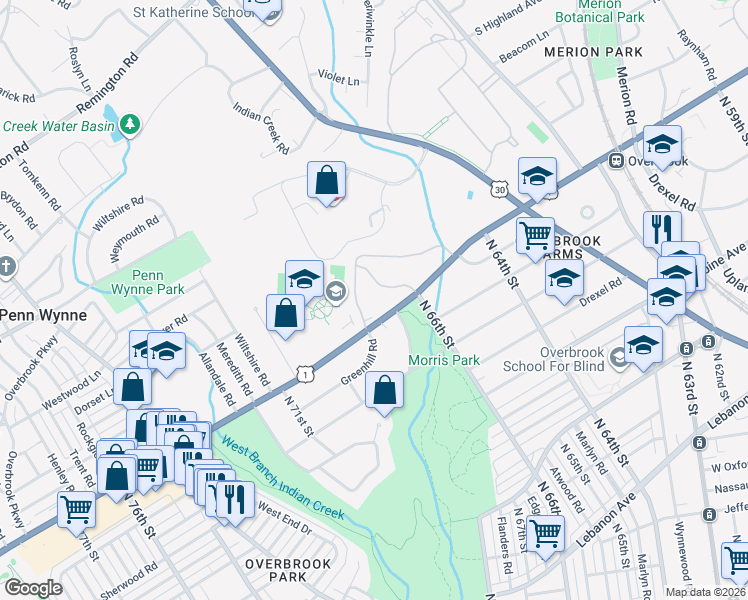 map of restaurants, bars, coffee shops, grocery stores, and more near 1001 City Avenue in Wynnewood
