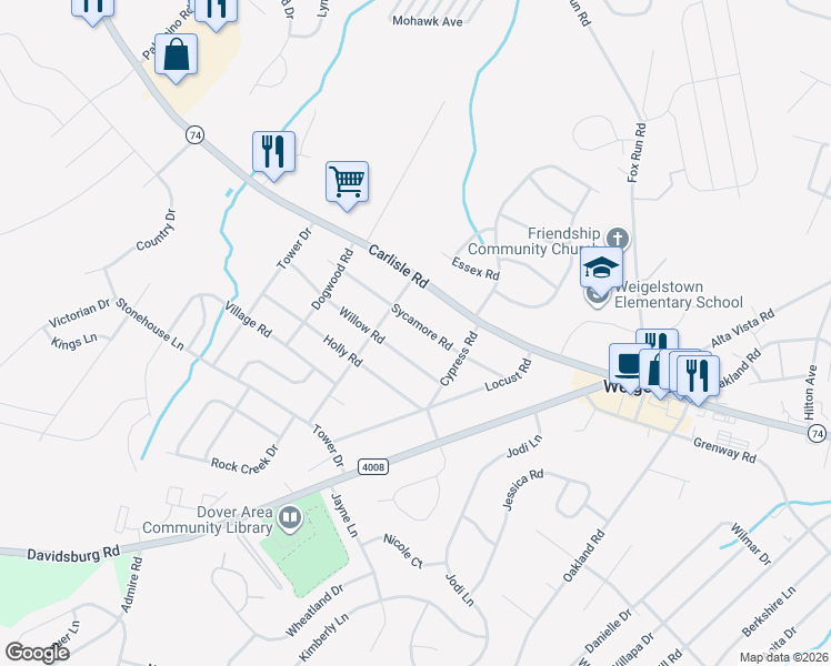 map of restaurants, bars, coffee shops, grocery stores, and more near 3460 Sycamore Road in Dover