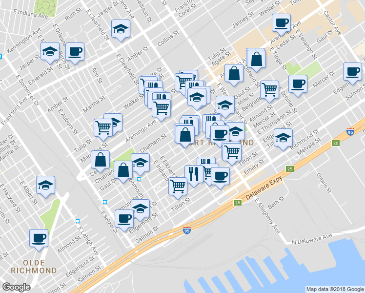 map of restaurants, bars, coffee shops, grocery stores, and more near 2527 East Clearfield Street in Philadelphia
