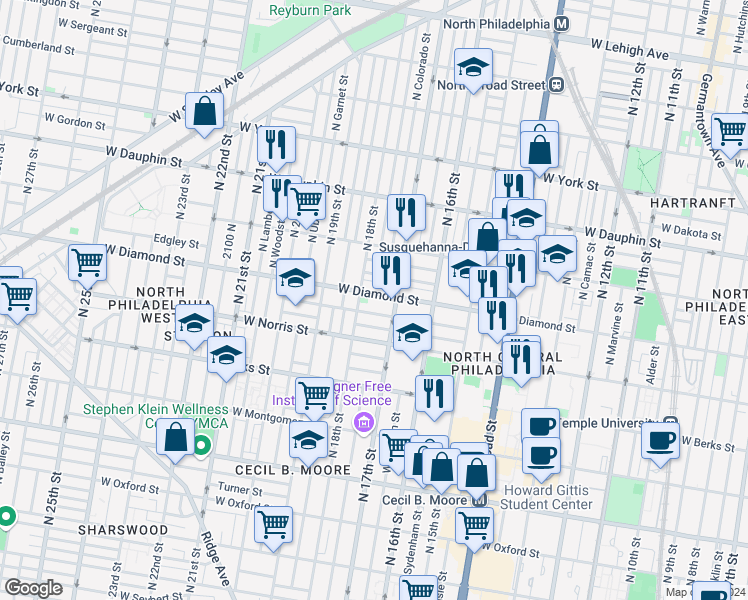 map of restaurants, bars, coffee shops, grocery stores, and more near 1728 West Diamond street in Philadelphia