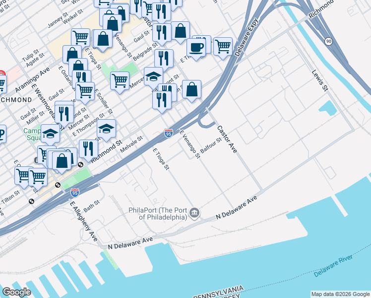 map of restaurants, bars, coffee shops, grocery stores, and more near 2935 East Venango Street in Philadelphia